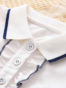 Girls Short Sleeve T-Shirt, Elegant Lace Collar Embroidered Polo Shirt, Soft & Breathable, White School Uniform Top For Little & Big Girls, Summer New Tween Girl Clothing - White - View 3