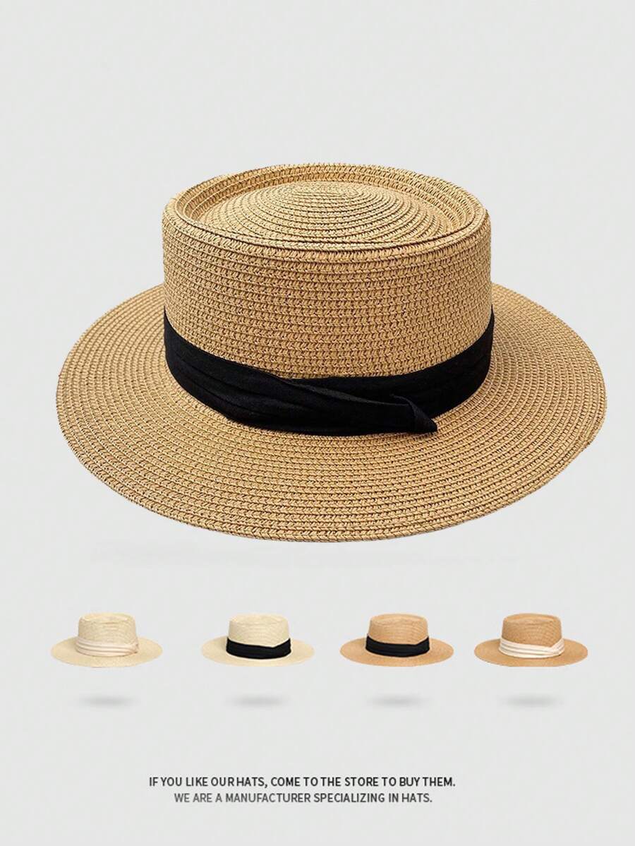 French Flat-Brimmed UV-Blocking Sunhat For Women, Foldable Design With Ribbon, Casual & Fashionable Straw Hat For Beach, Resort, Summer, Spring