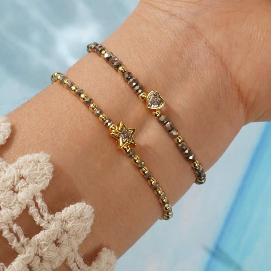 2Pcs Fashionable Luxury Silver Faux Crystal Star And Heart Rhinestone Bracelets, Suitable For Women