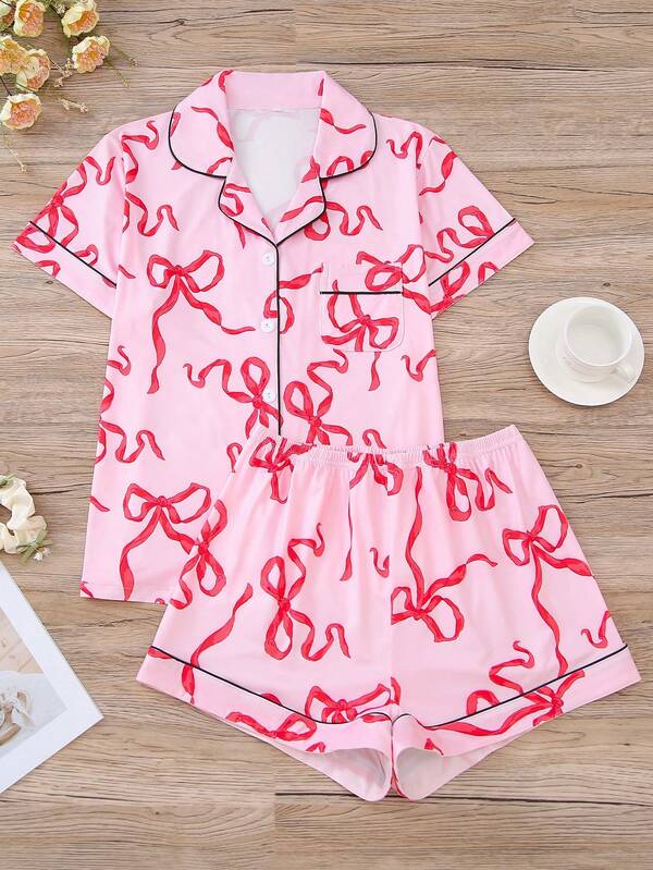 2pcs Set Polka Dot Bow Printed Women Pajama Set, Comfort Long Sleeve Lapel Button Up Shirt And Elastic Waist Loose Pants, Stylish Sleepwear & Loungewear For All Season Home & Outdoor Wear