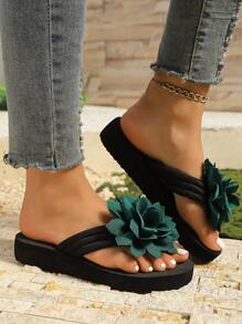 Summer Flower Flip Flops] Women's Flower Decor Flip Flops, Casual Summer Shoes, Lightweight Slip On Beach Shoes - Green - View 5