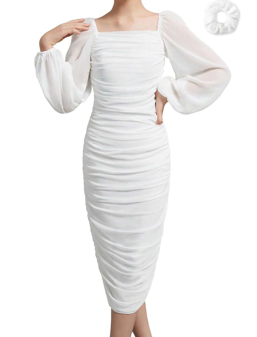 EXARUS Girls Ruched Bodycon Square Neck Dress Teens Chiffon Lantern Sleeve Homecoming Dance Midi Long Dresses - 白色 - 查看 1