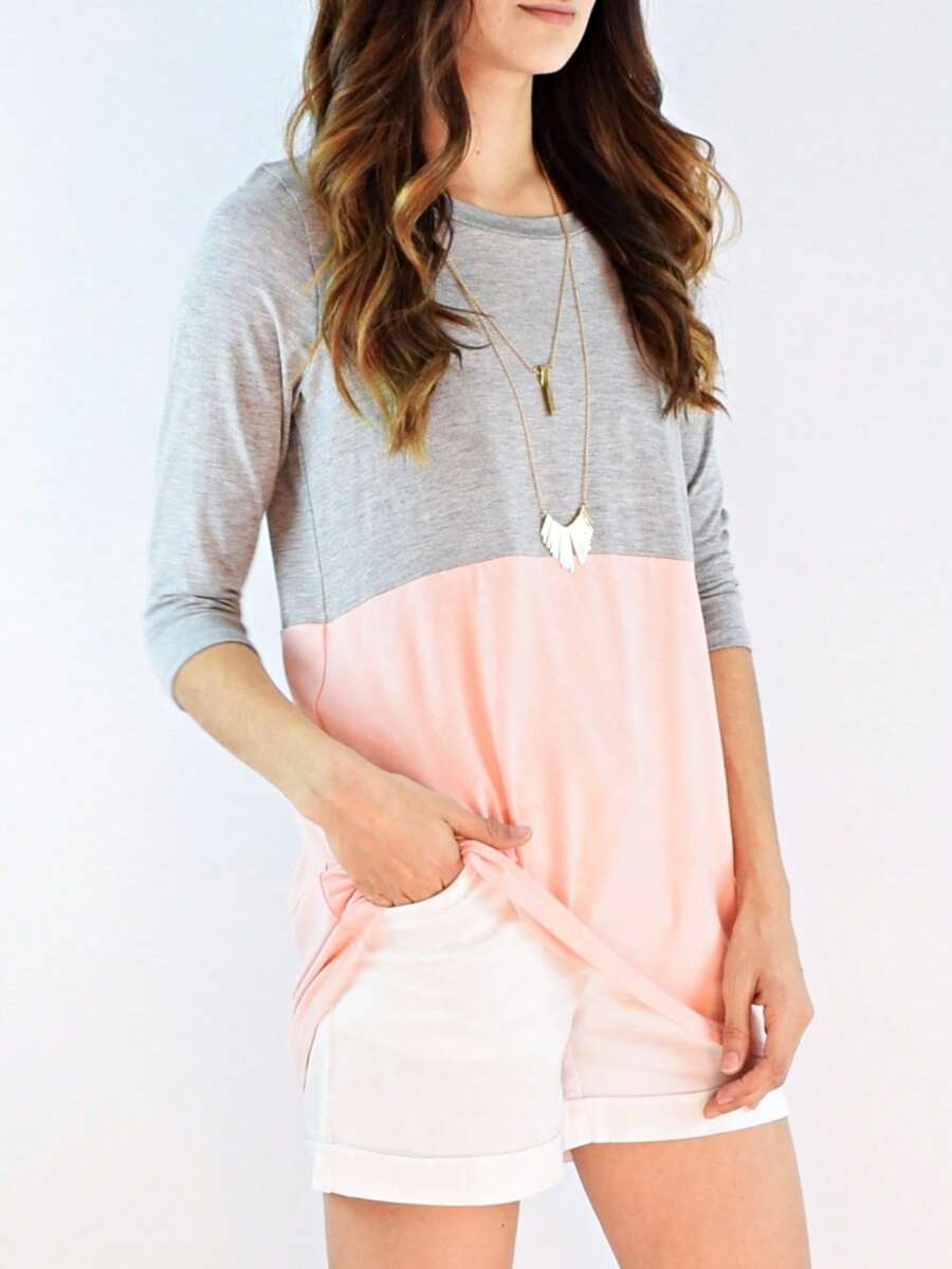 Black White Pink Mint Color Block 3/4 Sleeve Top Shirt Blouse | S-3X - H.格雷 - 查看 1