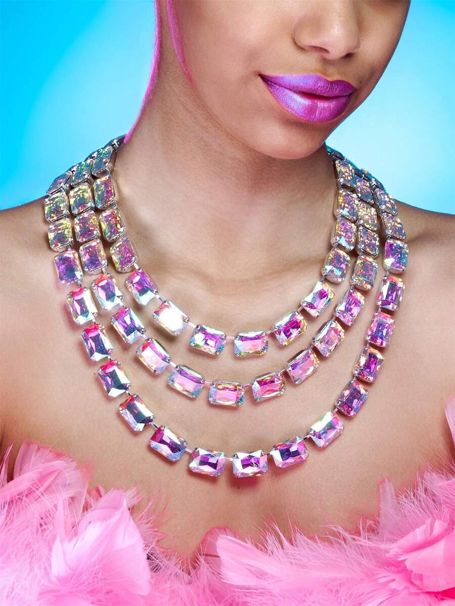 Fashionable Exaggerated Square Crystal Multilayer Necklace - Layered Necklace - View 1