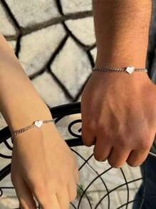 2pcs Fashionable Minimalist Stainless Steel Heart Shape Bracelet, Versatile Bff/Couples Gift, Won't Fade - Couple - View 2