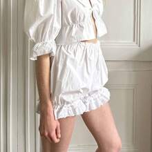 Women's Y2k Cute Casual Cotton Bloomers Shorts Loose Eyelet Embroidery Elastic Waist Ruffled Trim Bubble Lounge Shorts For Summer - 白色 - 查看 3