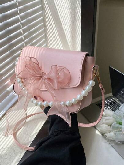Mini Square Bag Bow & Faux Pearl Decor Flap For Daily, Flap Pu Crossbody Bag With Adjustable Shoulder Strap, Perfect Valentine's Day Gift For Her, Bow Purse For Women, Best Valentine's Gift Choice Ever, Suitable For Shopping, Dating, Travel, Commuting, Pearl Bag