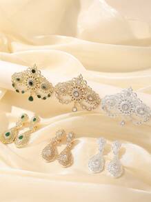 摩洛哥婚礼花朵胸针耳环套装，法式宫廷复古风格女士珠宝套装，适合婚礼、宴会和派对 - 風格2 - 查看 1