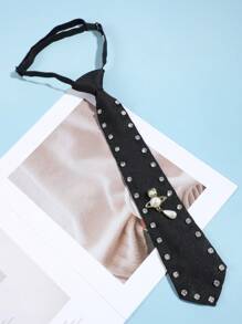 1 件女士时尚休闲心形图案简约风格原创 DIY 人造珍珠心形预系领带，适合搭配西装、衬衫，适合外出、办公室、宴会、派对 - 黑色 - 查看 14