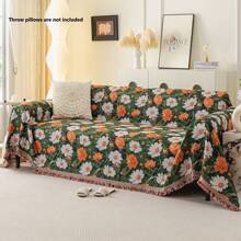 1 pièce Housse de canapé jacquard - Design bohème chic à l'aquarelle florale, protecteur de canapé antidérapant et résistant aux chats, avec franges à franges, décoration de canapé pour toutes les saisons pour le salon, la chambre à coucher et le bureau