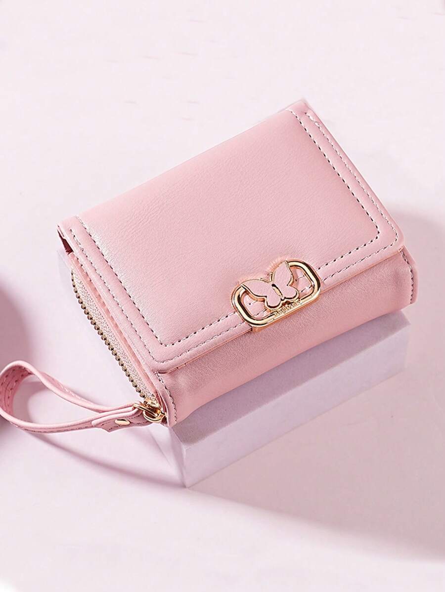 Women Short Zipper Wallet Three-Fold Butterfly Hardware Fashion New Large Capacity Handbag Coin Purse Wallet Purse Wallet Mini Wallet Small Wallet Wristlet - Pink - View 1
