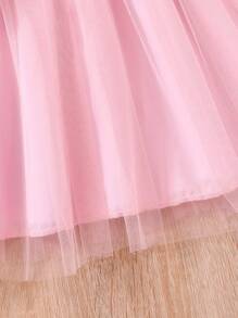 女童长袖翻领花卉印花网眼连衣裙（带腰带） - 粉色 - 查看 7