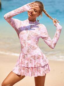 YEMUXLY Traje de baño de una pieza con mangas largas y cobertura completa, con estampado floral en toda la prenda, protección UV para la playa