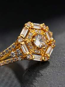 1pc Custom Fashion Cuban Link Ring, 18K Gold Plated CZ Simulated Diamond Punk Ring, Best Gift For Her And Him For Holidays - Multicolor - View 10