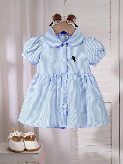 Vestido de niña bebé con cuello redondo de manga corta a rayas con bordado, casual y lindo para actividades al aire libre de primavera y verano, versátil