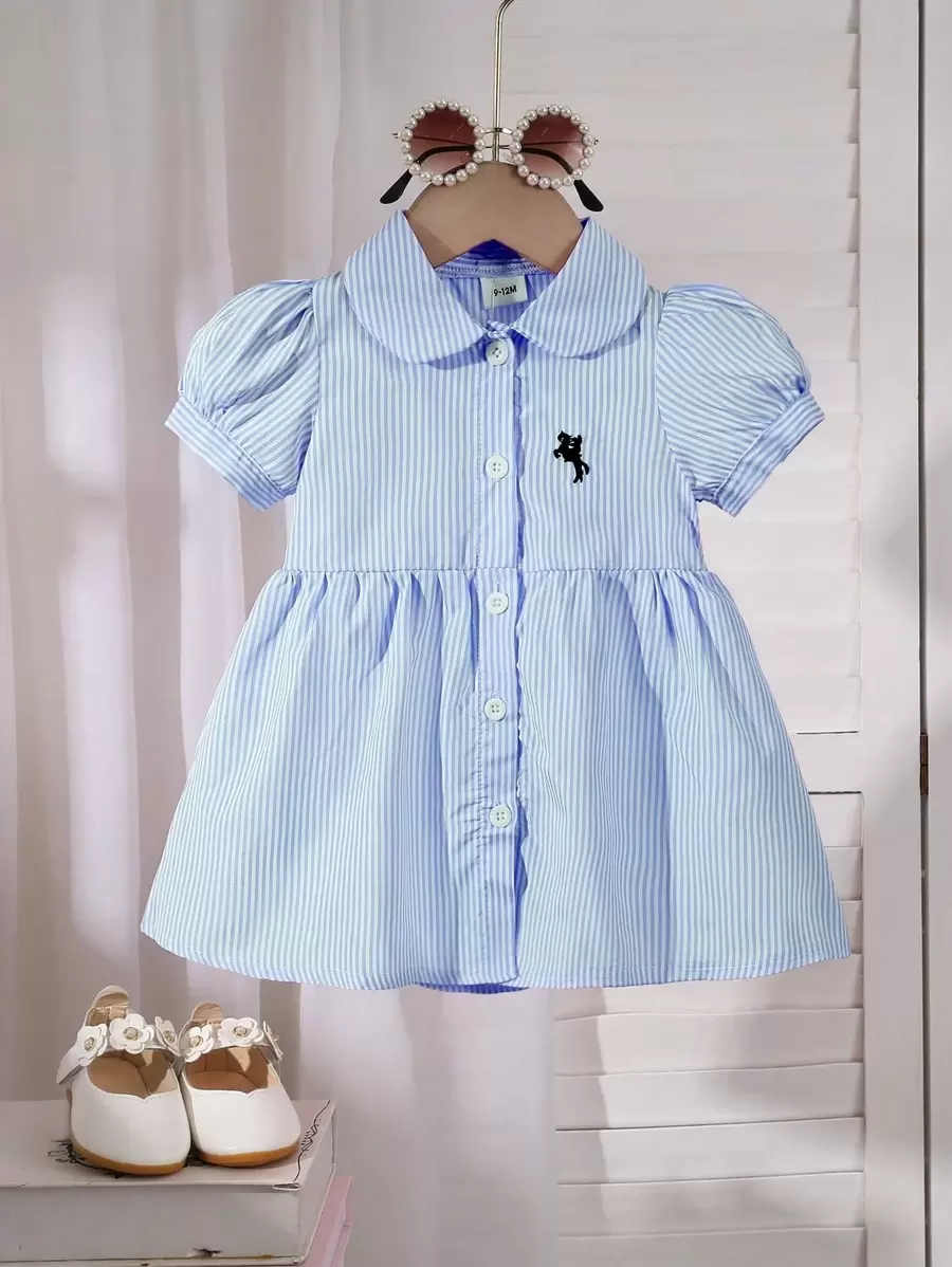 Váy tay ngắn cổ tròn thêu sọc cho bé gái, dễ thương, giản dị cho các hoạt động ngoài trời mùa xuân và mùa hè, đa năng - Màu xanh lam - Xem 1