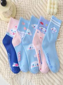 Sanrio 5pcs/Set Sanrio Style Blue Toned Cartoon Design Premium Cotton Crew Socks For Women