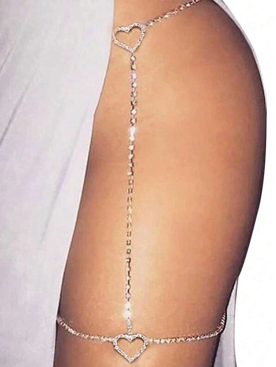 Exaggerated Geometric Rhinestone Double Heart & Claw Chain Leg & Waist Chain, Sexy Body Jewellery For Women