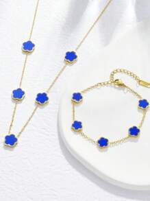 1 Bộ vòng cổ hoa năm lá bằng thép không gỉ 316L sang trọng thẩm mỹ, phù hợp cho phụ nữ đeo hàng ngày - Màu xanh lam - Xem 2