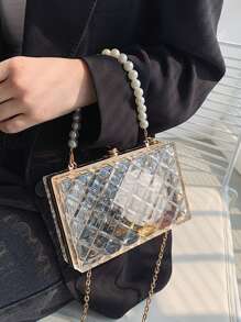 1 件全新亚克力手拿包，配人造珍珠，菱形透明链条手提包，优雅钱包和手机包，非常适合派对礼服、女士礼物，适合情人节、派对、婚礼
