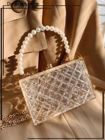 1 件全新亚克力手拿包，配人造珍珠，菱形透明链条手提包，优雅钱包和手机包，非常适合派对礼服、女士礼物，适合情人节、派对、婚礼