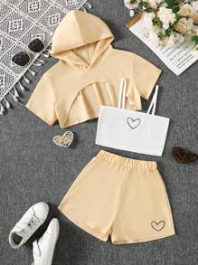 Set casual esterno per ragazze adolescenti, composto da 3 pezzi: top con cappuccio a maniche corte, canotta con stampa a cuori e pantaloncini con stampa a cuori, outfit di moda per ragazze