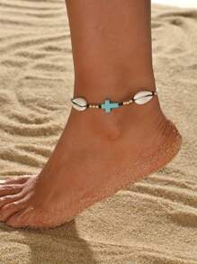 2pcs Retro Turquoise Cross & Shell Woven Adjustable Anklet, Acrylic Beaded Women Beach Jewelry Set - Beige - View 2