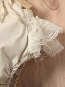 Elegant Baby Girl Romper, Sleeveless Square Neck Lace Hem Solid Color Flower Stitch Playsuit With Lace Skirt - 米色 - 查看 6