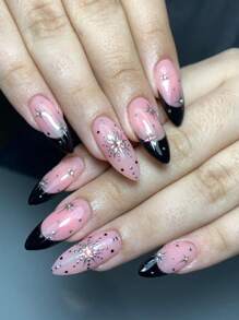 Juego de 24 uñas postizas negras con diseño de punta francesa de almendra con cristales de rhinestone 3D y brillo, ajuste perfecto para uñas acrílicas medianas. Contiene 1 pegamento de gel y 1 lima de uñas. Uñas de arte de punta francesa fáciles de llevar para uso diario de mujeres y niñas, y para fiestas rave.