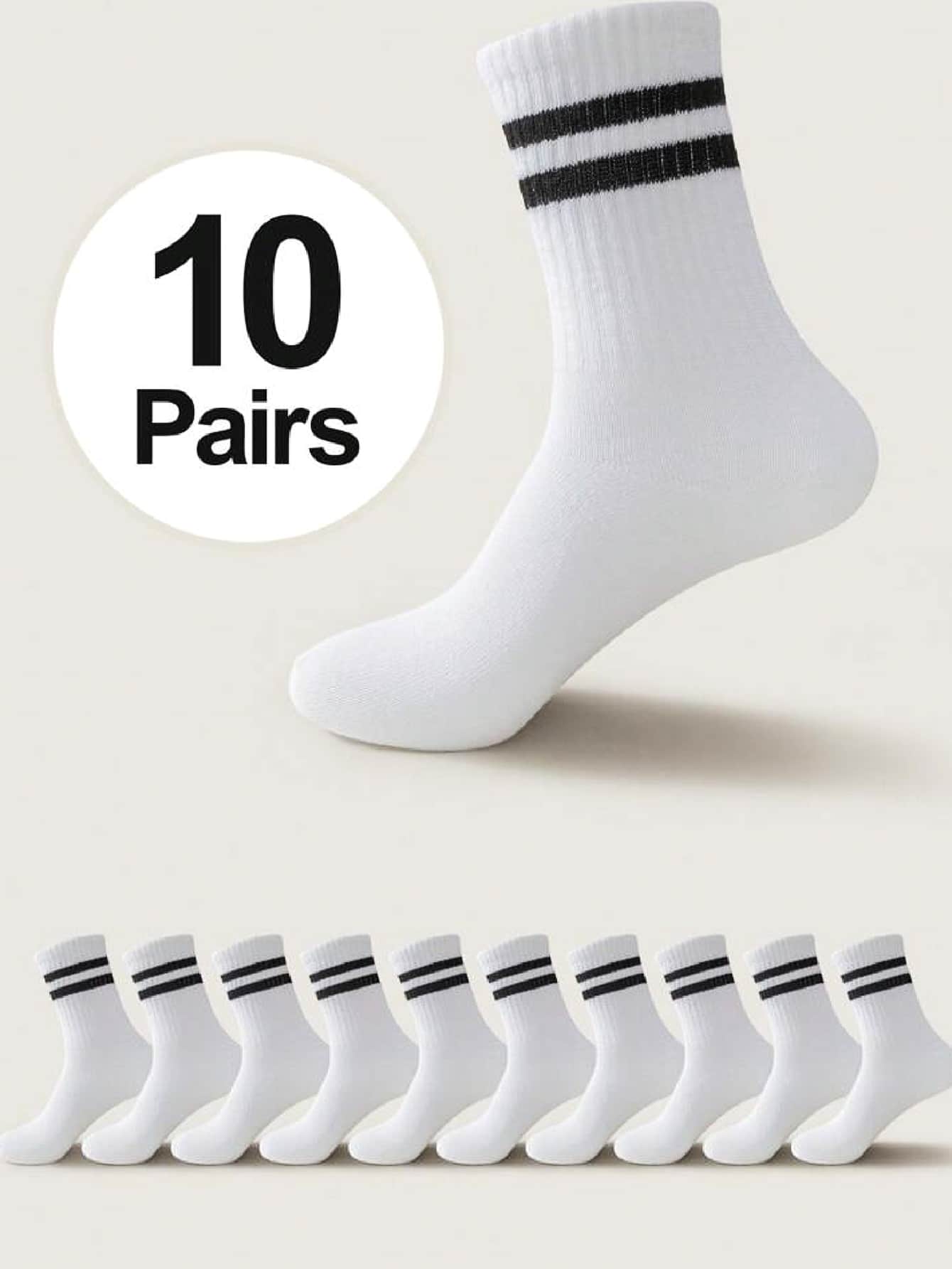 1/3/4/7/10 双条纹休闲中筒运动风格袜子 - 彩色 - 查看 1