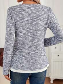 Navy White Marled Fake Two-Piece Top Women - Long Sleeve Crew Neck Casual Fitted Blouse For Spring/Autumn - Xám - Xem 2