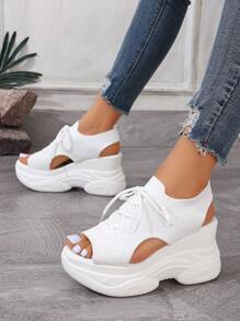 新款夏季厚底坡跟凉鞋，百搭弹力女式凉鞋，高跟优雅女式凉鞋，网眼透气舒适女式凉鞋，黑色鞋子，坡跟高跟女式凉鞋 - 白色 - 查看 2