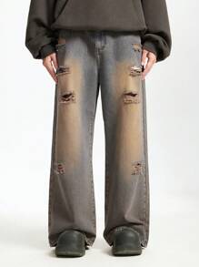 INFLATION Distressed Pocket Wide Leg Loose Fit Men's Jeans - Brown - View 2