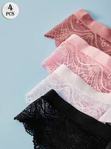 4PCS Sexy Lace Thongs Bow Women's Underwear Transparent Elastic G-String Solid Color Casual Panties For Women Soft And Light T-Back Black Pink White Lingerie Low Waist Tangas Fashionable Briefs - Multicolor - View 4