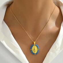 1pc Vintage Fashion Stainless Steel Rice Bead Coiled Virgin Mary Pendant Necklace, Casual Versatile Accessory, Suitable For Women Everyday Wear, Holiday Gift - 34030132 - View 5