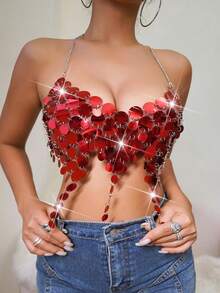 Simple Fashion Metal Chain Sequin Spaghetti Strap Cami Top, Suitable For Summer - Red - View 3