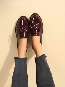 Women's Solid Color Bow & Tassel Bow Slip-On Loafers, Breathable Flat Shoes - Burgundy - View 1