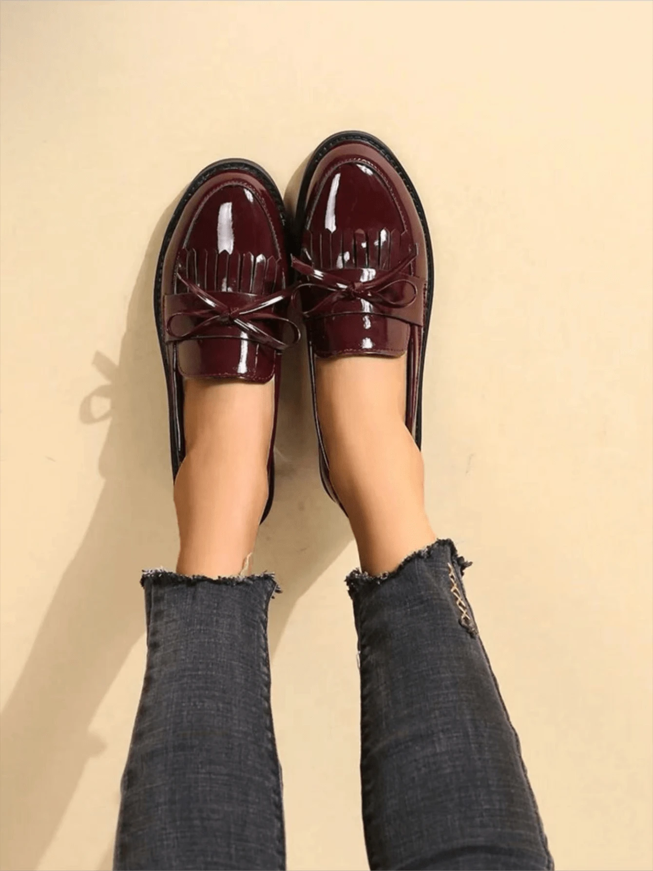 Women's Solid Color Bow & Tassel Bow Slip-On Loafers, Breathable Flat Shoes - Burgundy - View 1