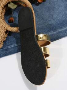 青少年休闲平底一脚蹬镂空金色条纹平底凉鞋，罗马风格，适合海滩、度假和波西米亚风 - 金色 - 查看 8