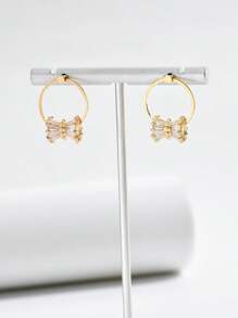 1 Pair Fashionable New Gold-Color Geometric Circle Copper Zirconia Stone Earrings, Stud Earrings For Women, Casual, Holiday, Date