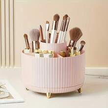 360° Rotating Makeup Organizer - Plastic Cosmetic Storage Box With 5 Compartments - Multifunctional Stand For Brushes, Lipsticks, Skincare And Stationery - Odorless Desk Storage Box, Luxury Striped Design (Makeup Tools Not Included)Summer Travel,Vacation