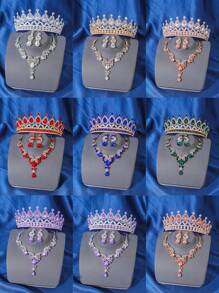 4 件优雅奢华巴洛克水晶皇冠项链耳环配饰套装，新娘婚礼头饰，女士派对活动成人礼物皇冠项链耳环