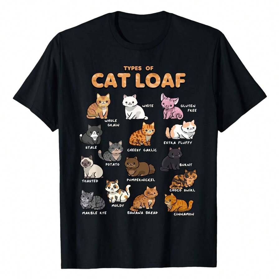 Types Of Cat Loaf Cute Kitten Kawaii Cats, Cat Lover T-Shirt Women's Plus Size Graphic Tee - 黑色 - 查看 1