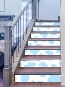 7/14/21pcs Black & Blue Cow Print Stair Stickers, Self-Adhesive Thick Removable DIY Stair Tread Decals, Suitable For Kids Room, Nursery, Activity Room Stairs Decoration, Renovation, Size: 6.97*41.73inch