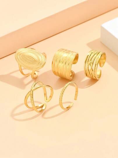 Set de 5 anillos de acero de titanio con textura geométrica elegante y vintage, anillos de banda de acero inoxidable ajustable y abierta con línea personalizada, chapado en oro de 18K que no se desvanece