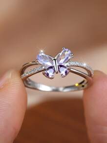 925 纯银精致紫蝴蝶戒指，女士珠宝礼物，适合周年纪念、生日、节日 - 銀色 - 查看 1