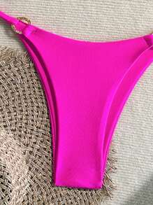Shiny Fabric Solid Gold Round Ring Accent Halter Tied Bikini Set, For Spring Break & Summer - Hot Pink - View 4