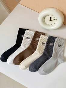 1/3/5/6 Pairs Men Autumn/Winter Maillard Color Letter Striped Versatile Crew Socks - Multicolor - View 5