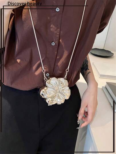 1 件全新金属电镀闪光花卉和金鱼形迷你晚宴手拿包带链条，时尚派对化妆化妆品钱包袋，优雅配饰礼物，适合女性，适合情人节、婚礼、约会