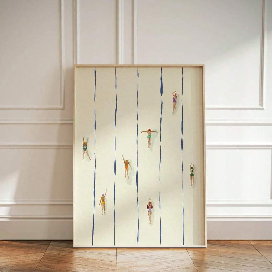 1pc Art Deco Classic Modern Vintage Swimming Pool Poster, Ink Art Print On Canvas, Frameless Portrait Orientation, Anime-Themed Minimalist Little Swimmer Wall Decor For Living Room, Bedroom, Bathroom, Classroom, Kitchen, Indoor & Outdoor Use, Seasonal Fall & Spring, Ideal Housewarming & Holiday Gift Gifts Birthday Graduation Coastal Decor Coastal Decor Beach Decor